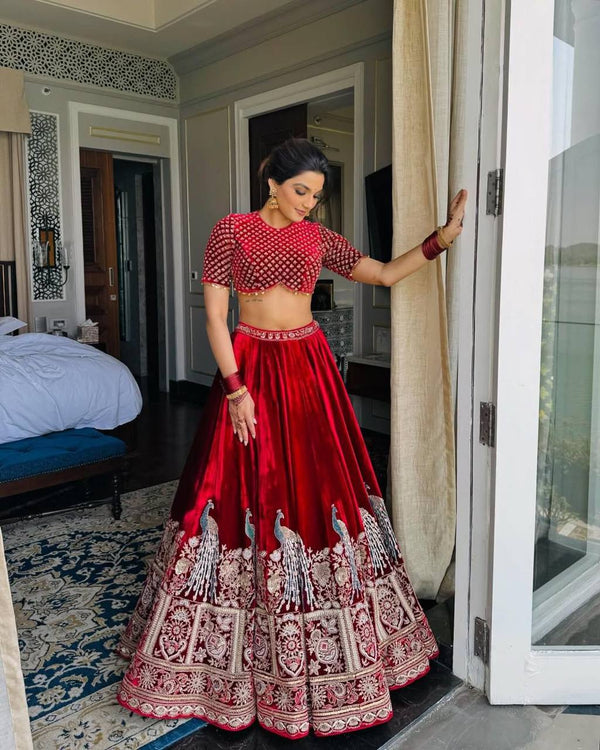 Viscous Velvet Maroon Bridal Lahengha Choli