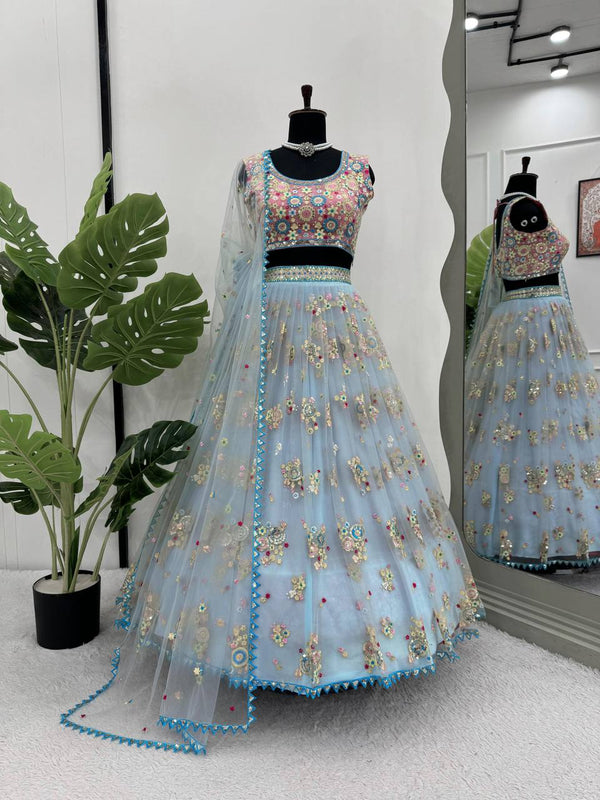 Light Blue Butterfly Net Function Wear Lehenga Choli