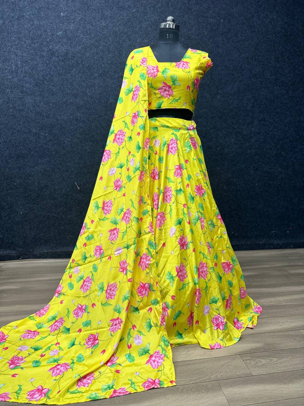 Yellow Chinon Silk Digital Printed Lehenga-Choli - Tiamgee