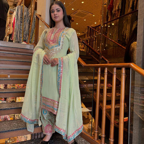 Light Green Heavy Faux Georgette Plazzo Top Duppata