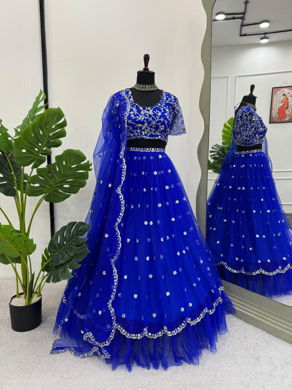 Bright Blue Faux Georgette Lehenga Choli Dupatta Set