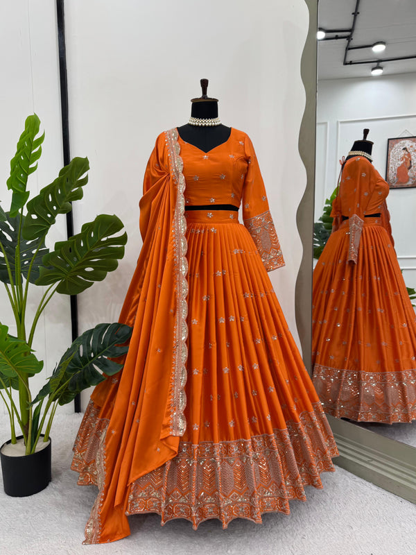 Orange Satin Silk Lehenga Choli with Dupatta