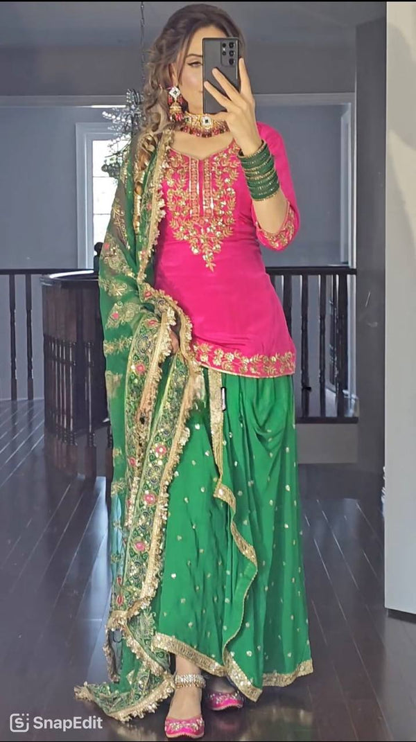 Pink & Dark Green Punjabi Dhoti-Salwar Suit