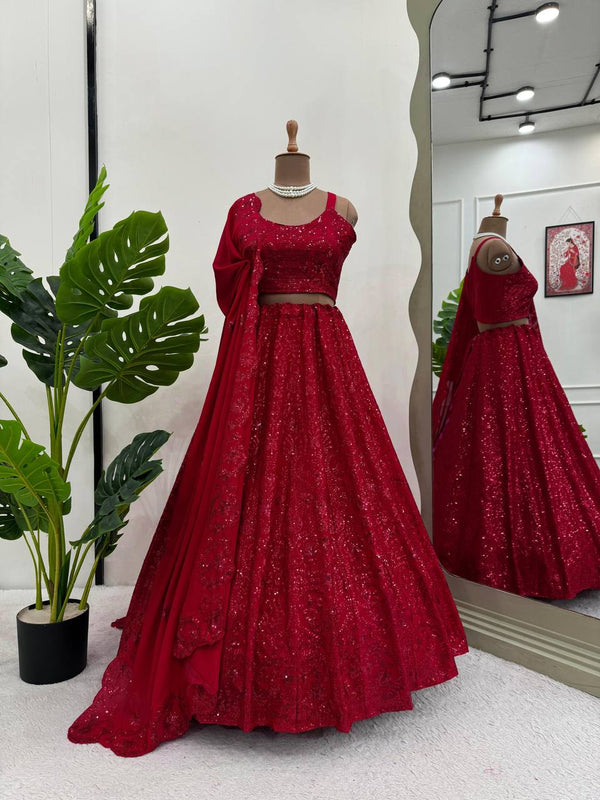 Cherry Red Chinon Silk Special Heavy Boutique Collections Lehenga Choli