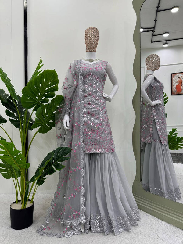 Gray Faux Georgette Sharara Top Set - Tiamgee