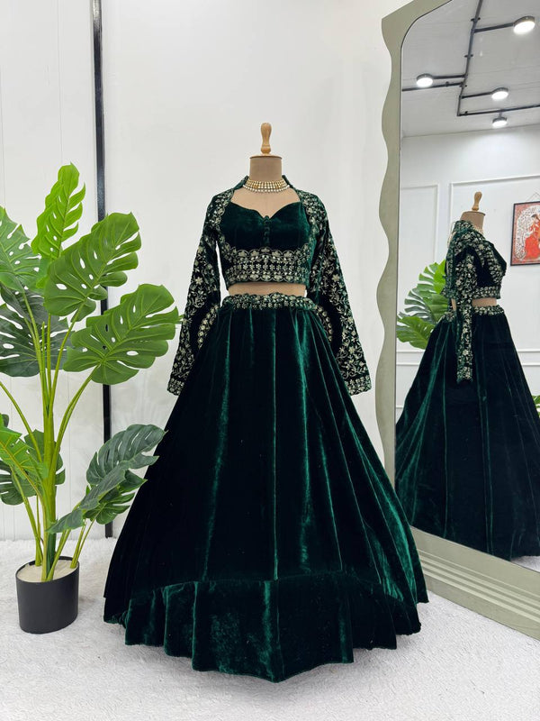 Dark Green Velvet Lehenga Choli