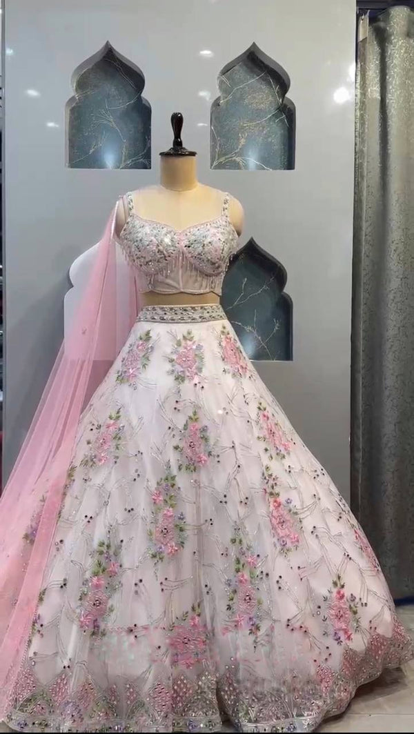 Light Pink & Sky Blue Heavy Organza Silk Wedding Lehenga-Choli