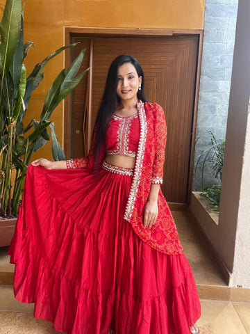 Navratri special bandhej lehenga shrug choli