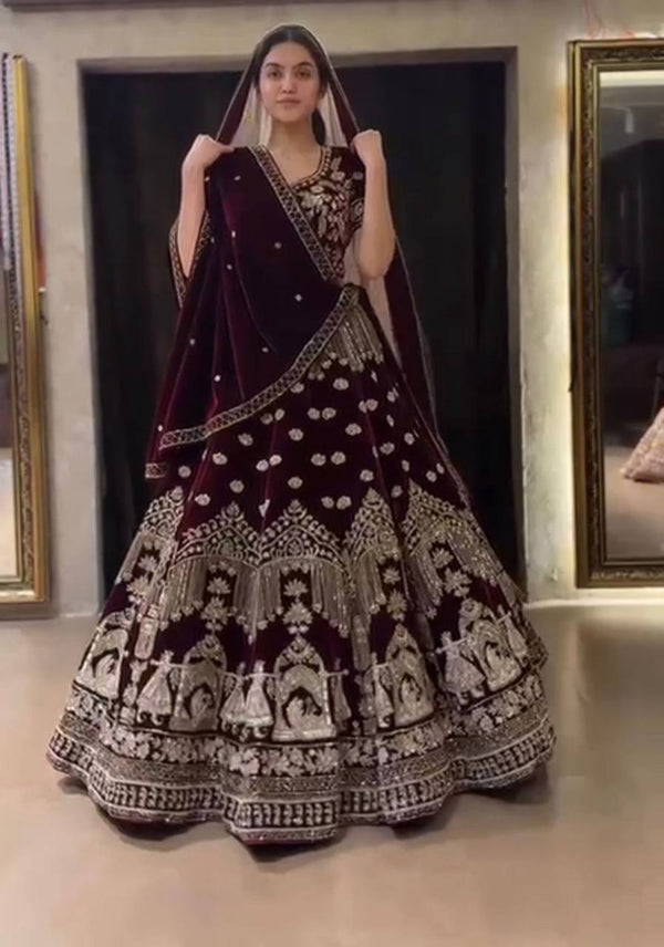 Maroon Velvet Exclusive Bridal Lehenga Choli Set