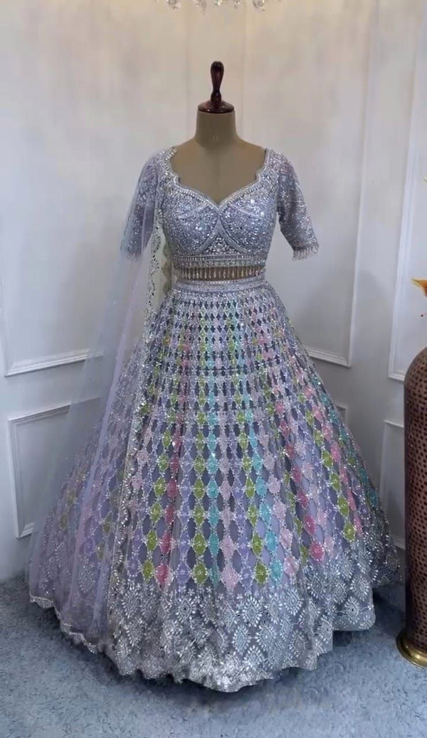 Multicolor Real Mirror Work Sequence embroidered Designer LehengaSet - Tiamgee