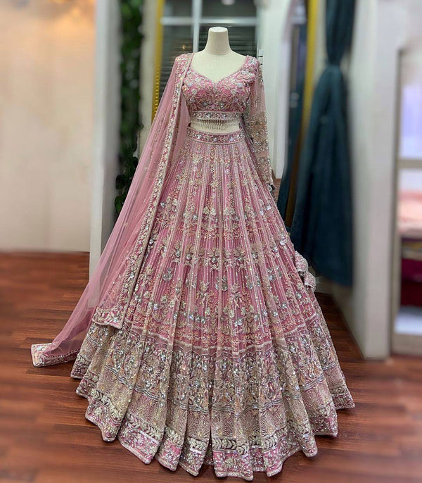 Light Pink Soft Butterfly Net Bridal Lehenga Choli