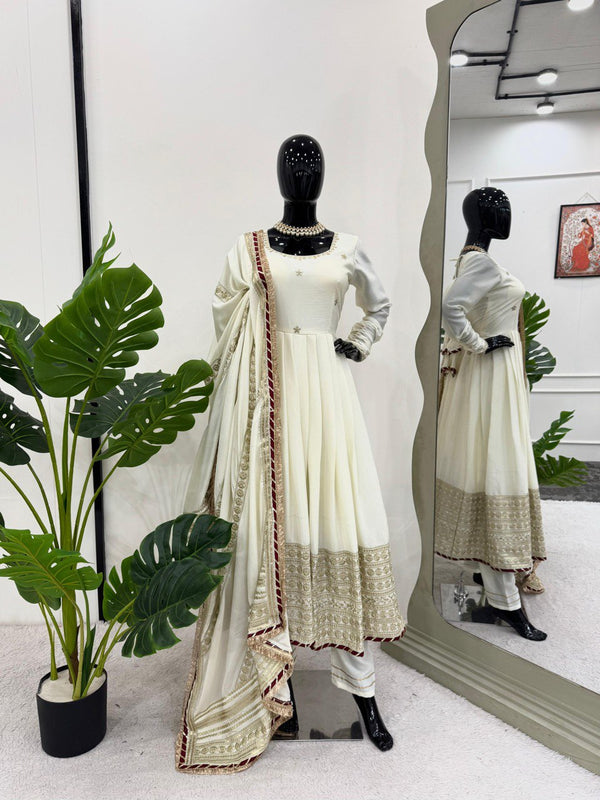 White Chinon Silk Handwork Anarkali Top ,Pent Dupatta Set - Tiamgee