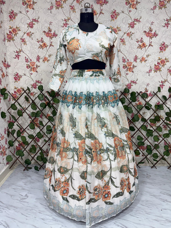 White Taby Silk Printed Lehenga with Hand Mirror & Sequins Work