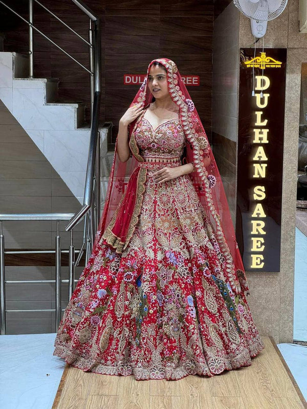 Red Faux Georgette Wedding Dulhan Lehenga-Choli