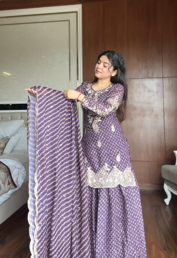 Violet Printed Chinon Sharara Suit with Embroidery & Diamond Work