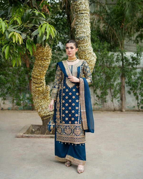 Blue Faux Georgette Embroidered Pant Set