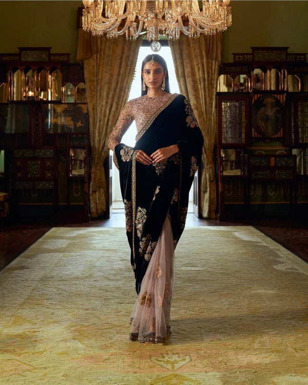Navy Blue Velvet & Net Saree with Sequins, Thread & Dori Work