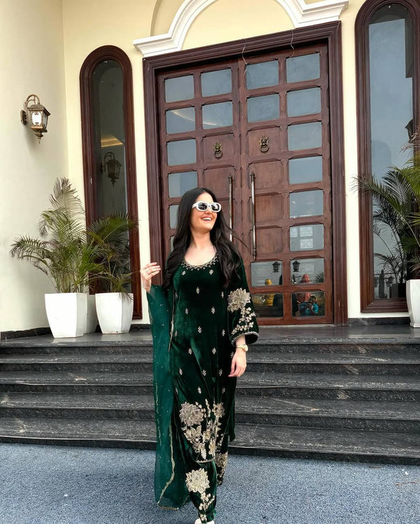 Dark Green Heavy Viscose Velvet Embroidered Suit Set