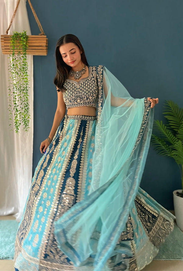 Blue Faux Georgette Embroidered Lehenga Choli Set