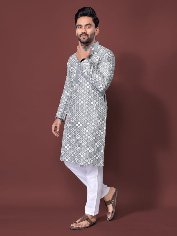 Soft Silk Men's Kurta Pyjama with White Thread Embroidery and Multi Sequins