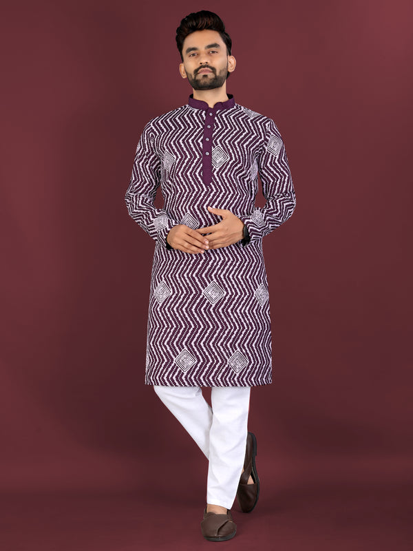 Soft Silk Men's Kurta Pyjama with Cross Pattern Embroidery