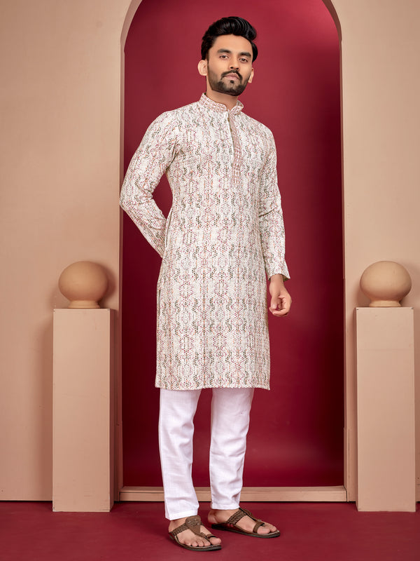 Heavy Rayon Men's Kurta Pyjama with Lucknowi Work and Digital Print