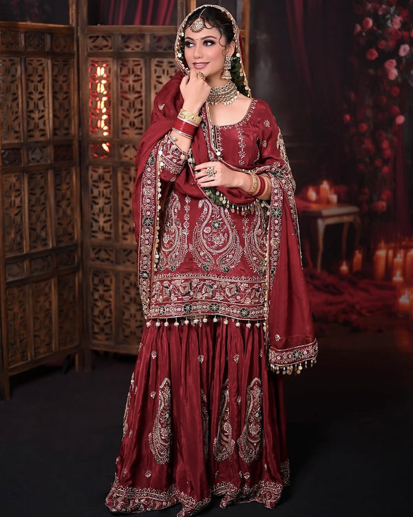Red Heavy Faux Georgette Top Sharara & Dupatta Set