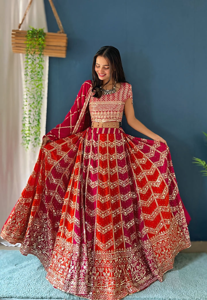 Red & Pink Faux Georgette Lehenga With Soft Butterfly Net Dupatta - Tiamgee