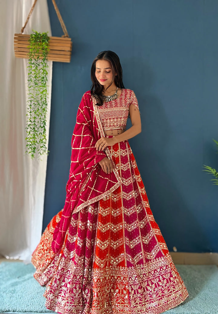 Red & Pink Faux Georgette Lehenga With Soft Butterfly Net Dupatta - Tiamgee