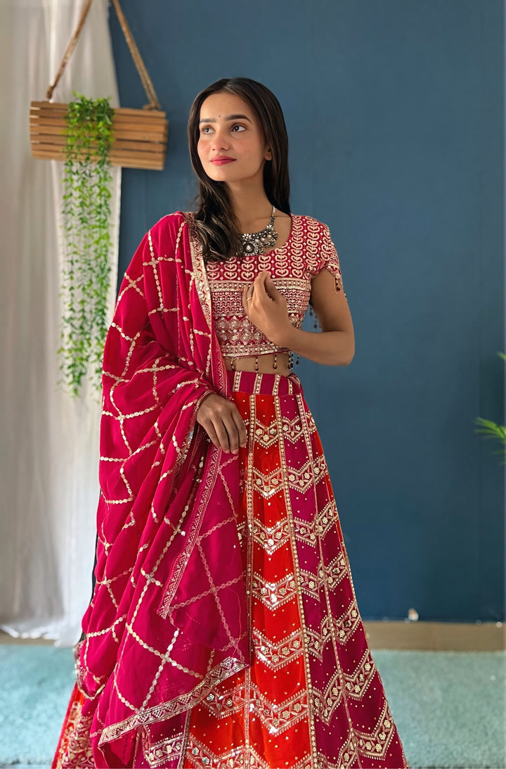 Red & Pink Faux Georgette Lehenga With Soft Butterfly Net Dupatta - Tiamgee