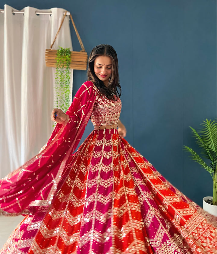 Red & Pink Faux Georgette Lehenga With Soft Butterfly Net Dupatta - Tiamgee