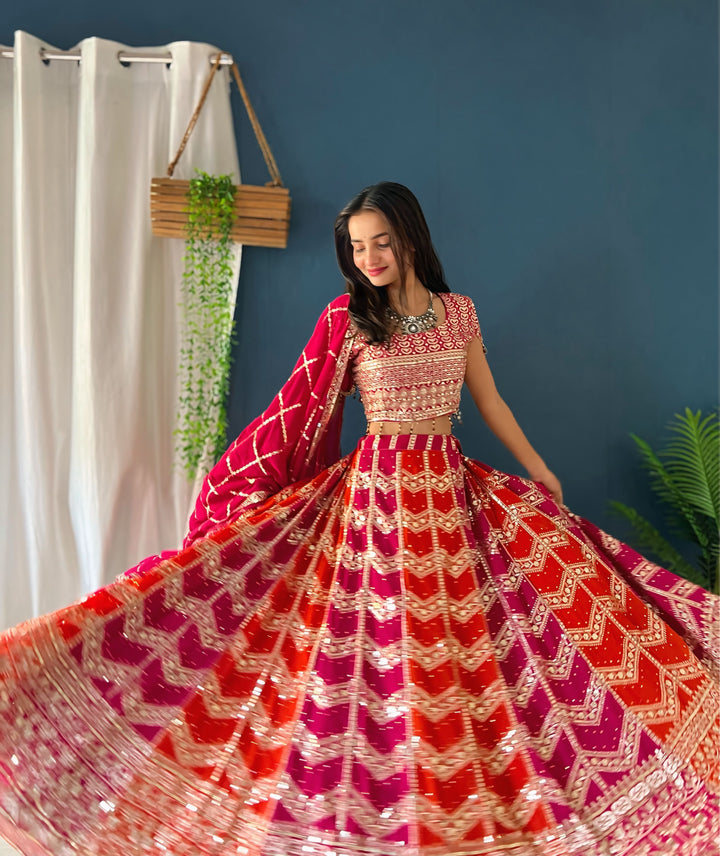 Red & Pink Faux Georgette Lehenga With Soft Butterfly Net Dupatta - Tiamgee