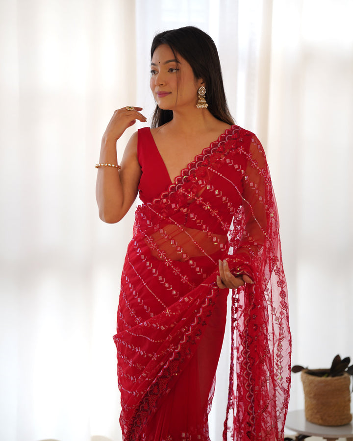 Red Butterfly Net Sequin Embroidered Saree - Tiamgee