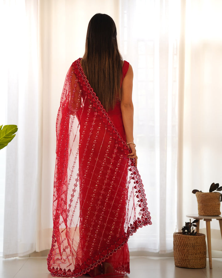 Red Butterfly Net Sequin Embroidered Saree - Tiamgee