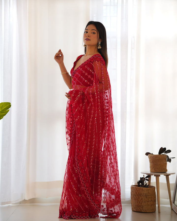 Red Butterfly Net Sequin Embroidered Saree - Tiamgee