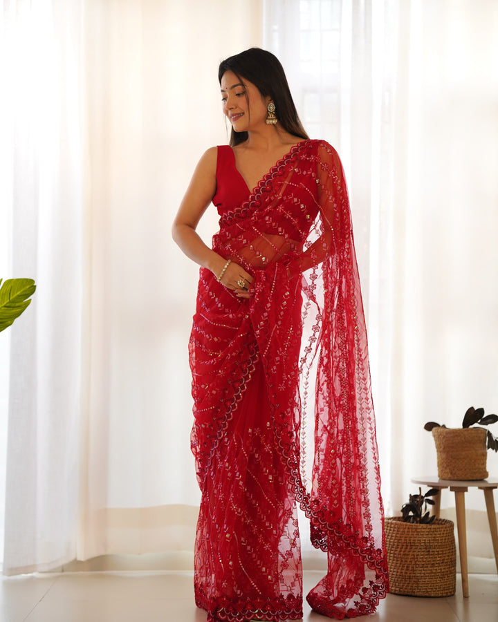 Red Butterfly Net Sequin Embroidered Saree - Tiamgee