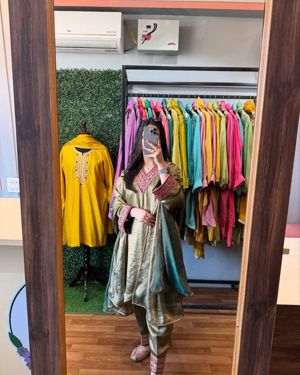 Green Gold Fendi Silk Embroidered Top & Bottom with Dupatta Set