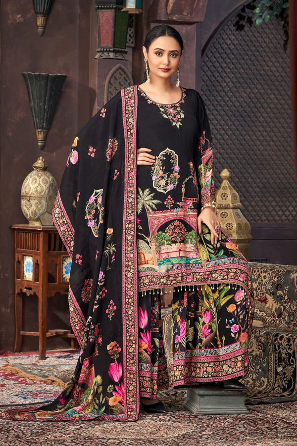 Black & Pink Heavy Faux Georgette Digital Print Hand Work Fancy Salwar Suit