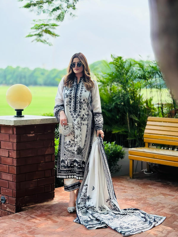 White Printed Pure Malai Satin Long 3-Piece Co-Ord Set