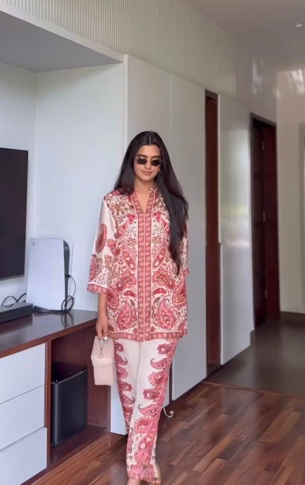 Red & Maroon Printed Pure Malai Satin Long 2-Piece Co-Ord Set