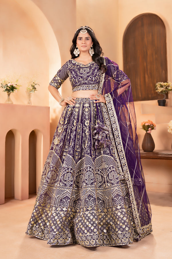 Purple Embroidered Net Lehenga Choli Set