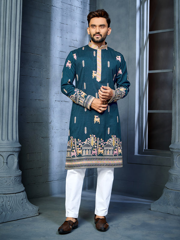 Soft Silk Men's Kurta Pyjama with Multi-Thread Embroidery