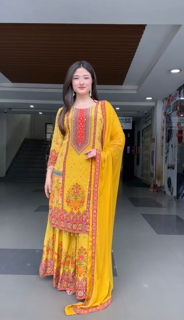 Yellow Heavy Natural Silk Digital Print Hand Work Salwar Suit