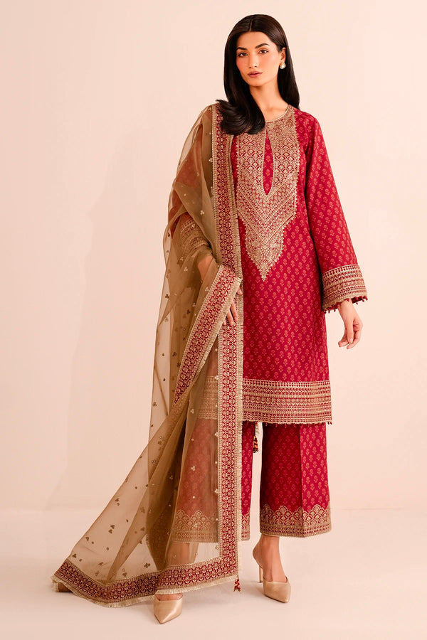 Red Printed Chinon Silk Top, Palazzo & Dupatta Set