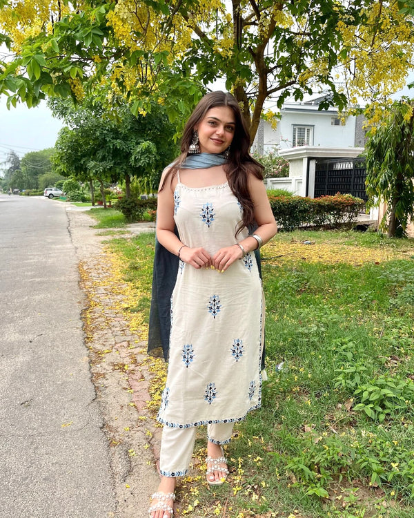 White Kora Khadi Cotton Spaghetti Top, Pant & Dupatta Set