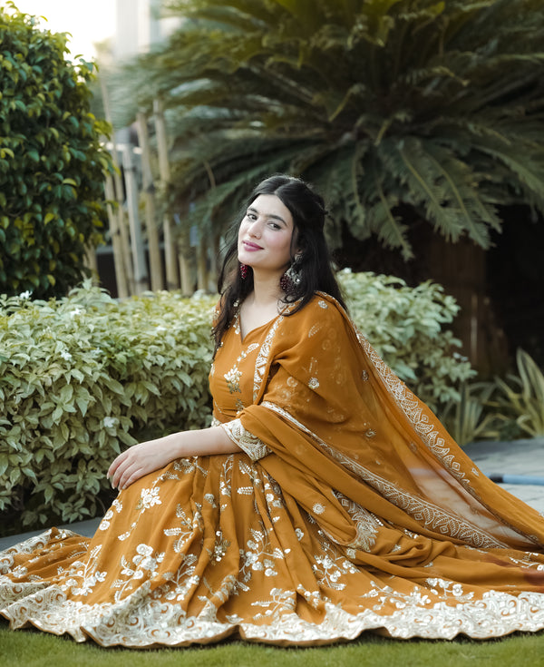 Mustard Heavy Faux Georgette Anarkali Suit with Pant and Dupatta