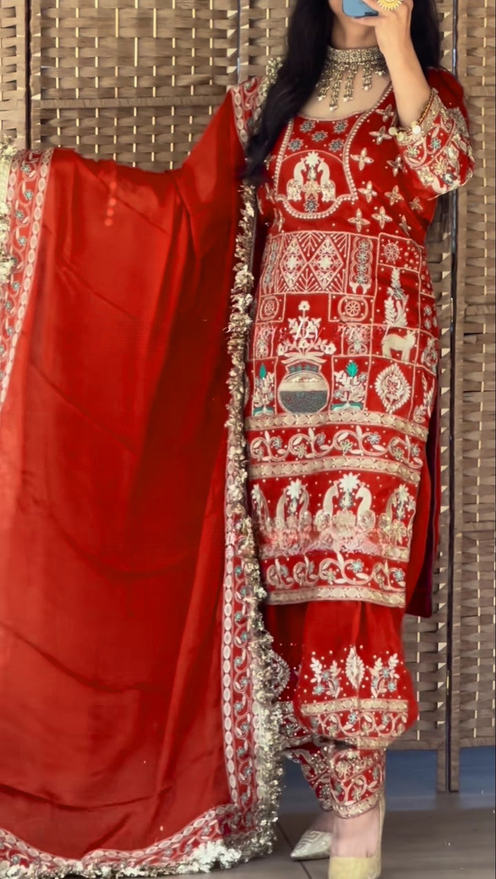 Natural Crepe Top, Dhoti Salwar & Dupatta Set - Tiamgee