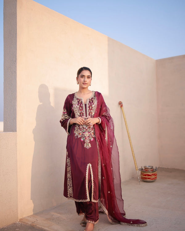 Maroon Pure Natural Satin Silk Palazzo Set with Organza Dupatta