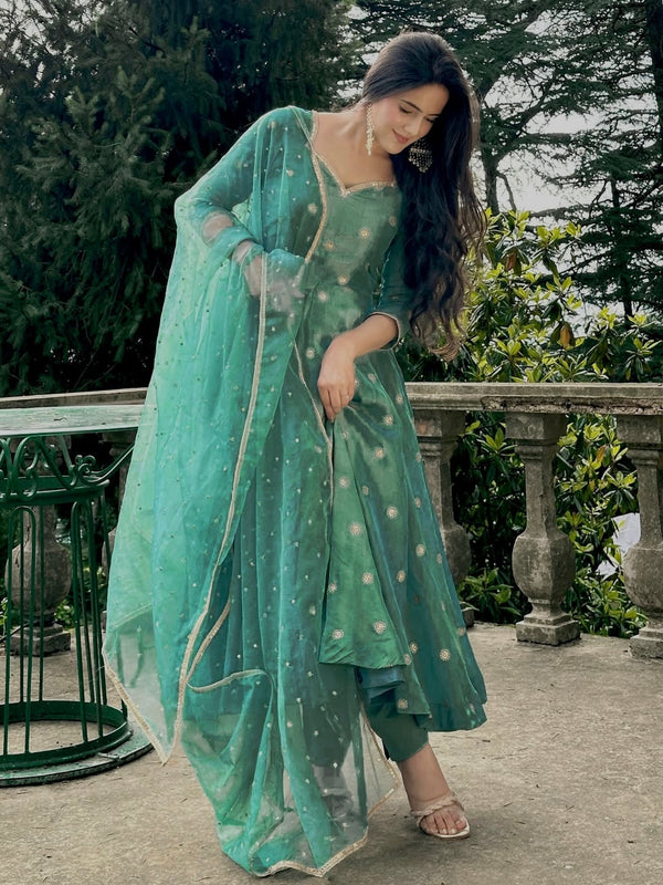 Green Heavy Simmer Silk Anarkali Suit with Pant and Dupatta