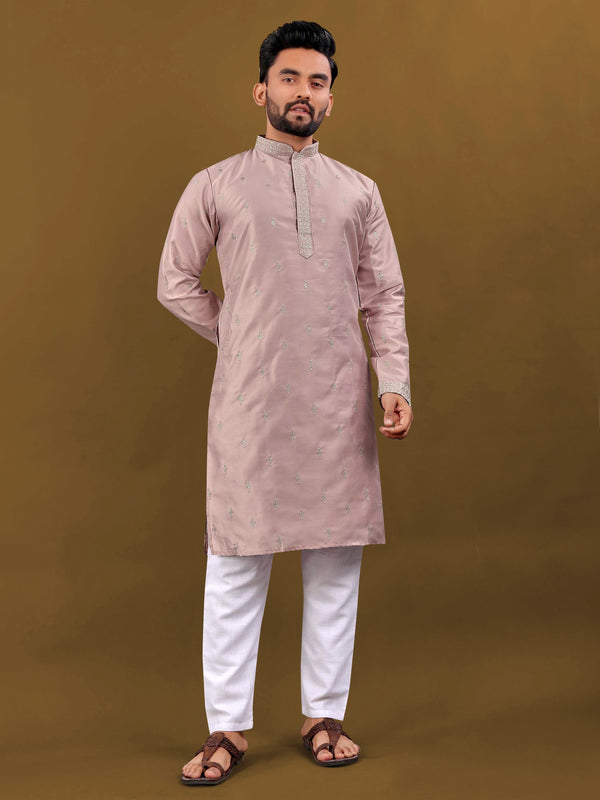 Matka Silk Men's Kurta Pyjama with Silver Jari and Embroidery Buti Work